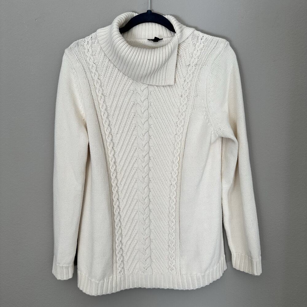 Talbots Ivory 100% Cotton Cable Knit Cowl Neck Sweater Coastal Cape Cod Preppy